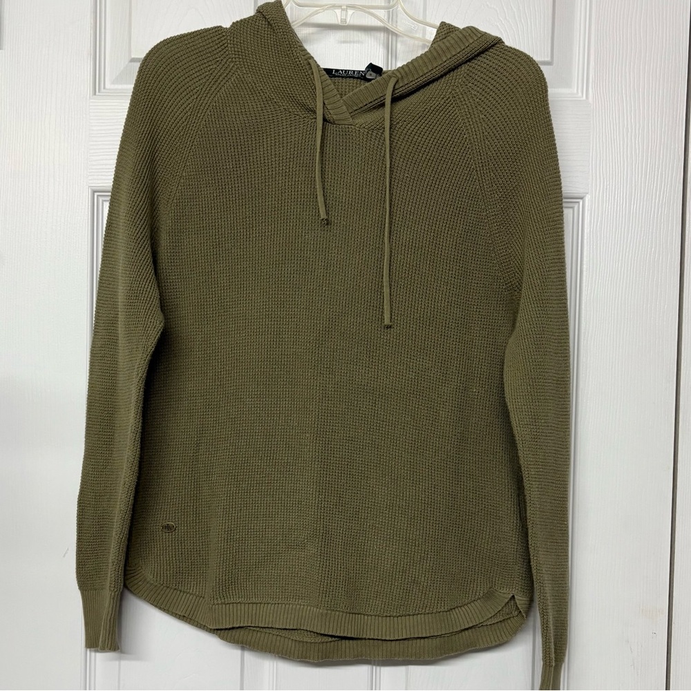 Lauren Ralph Lauren Olive Green Waffle Knit Hooded Pullover Knit Sweatshirt Sz S